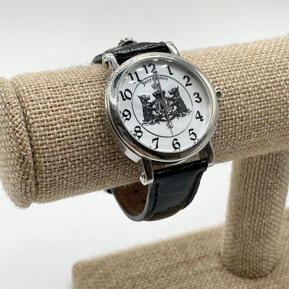 Juicy Couture Dog Logo Heraldic Crest Watch Silver Case Black Patent Strap